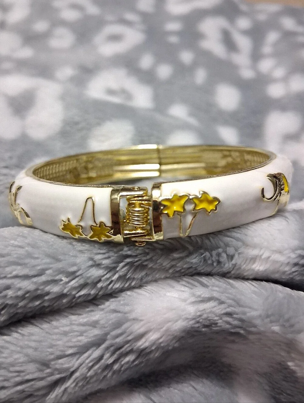 White and Yellow Enamel Elephant Accent Gold Bracelet